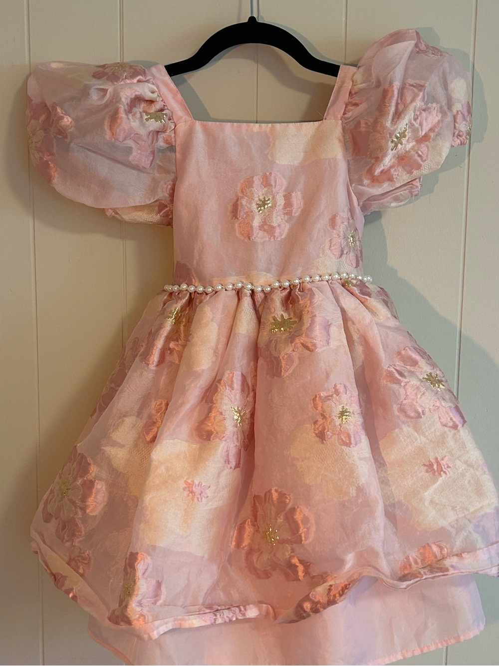 Badgley Mischka Pink Floral Brocade Dress with Gold Accents
